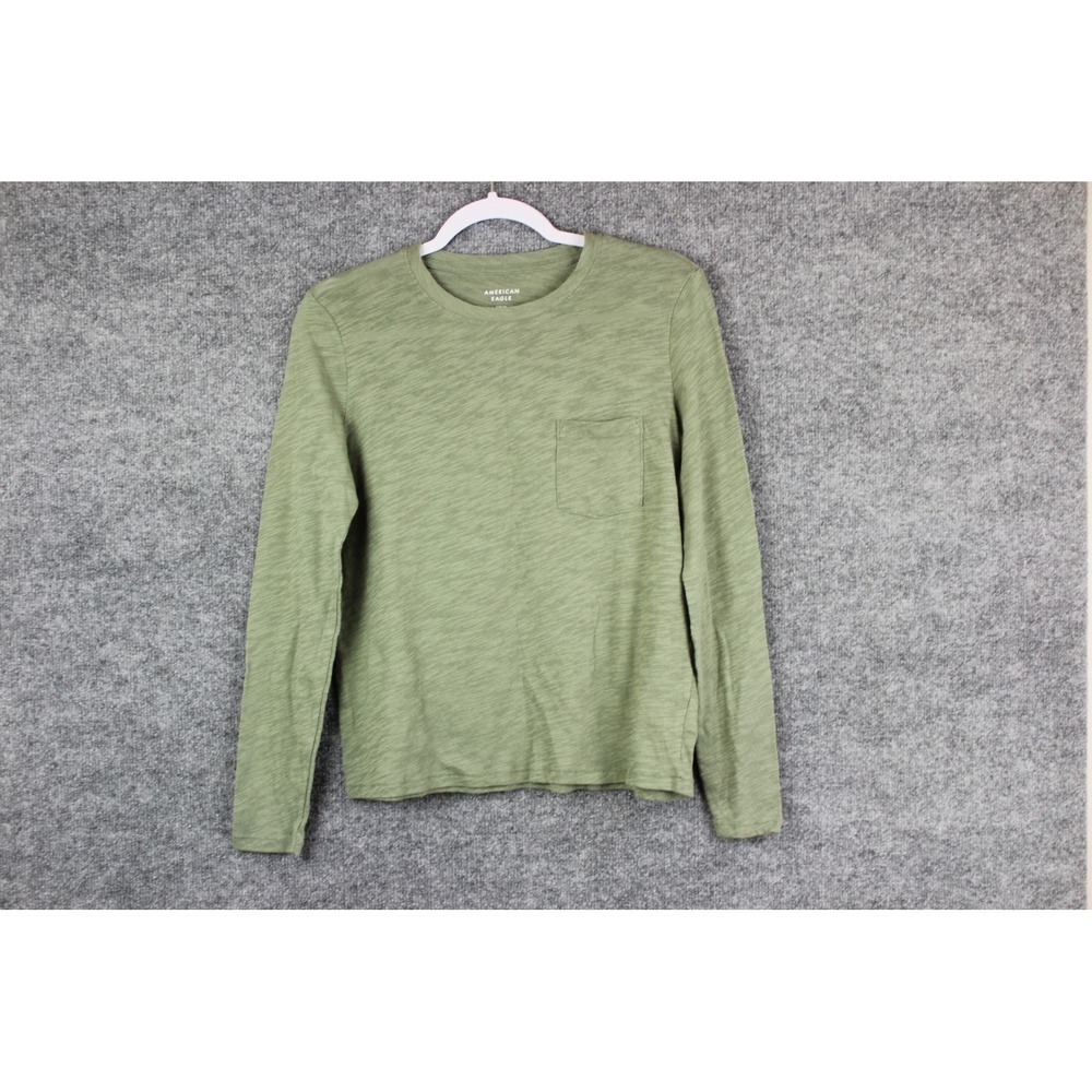 American Eagle Long Sleeve T-Shirt Womens Small Green Excellent Pocket Slub Knit